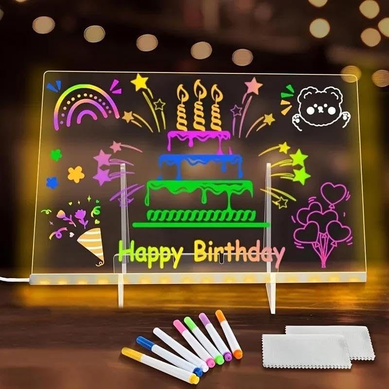 Whiteboard - Dry Erase Luminous LED Acrylic Board with Light, Glowing Message Board with Stand, Cartoon Pattern for Kids, Office, Home Decor, Great for Daily Notes, Planning, Personalized Messages