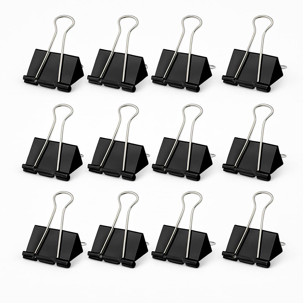 Fitto Binder Clips - Heavy Duty Metal Clamps for Organizing Papers, Files, Office Supplies, and Schoolwork - Durable, Reusable, Ideal for Home, Office, and Classroom Use (12Pcs 15mm, Black)