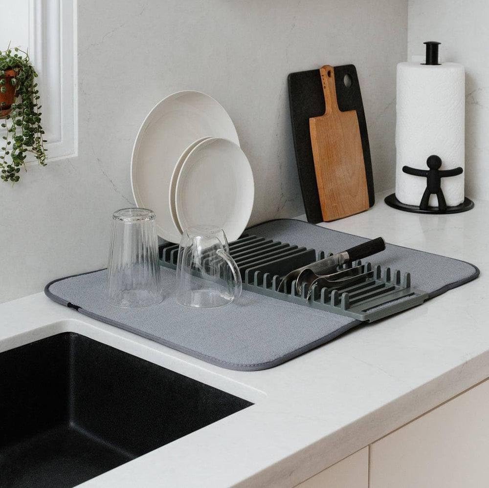 Dish Rack and Microfiber Drying Mat – Space-Saving Design Folds Up for Easy Storage, Mini Rack, Gray