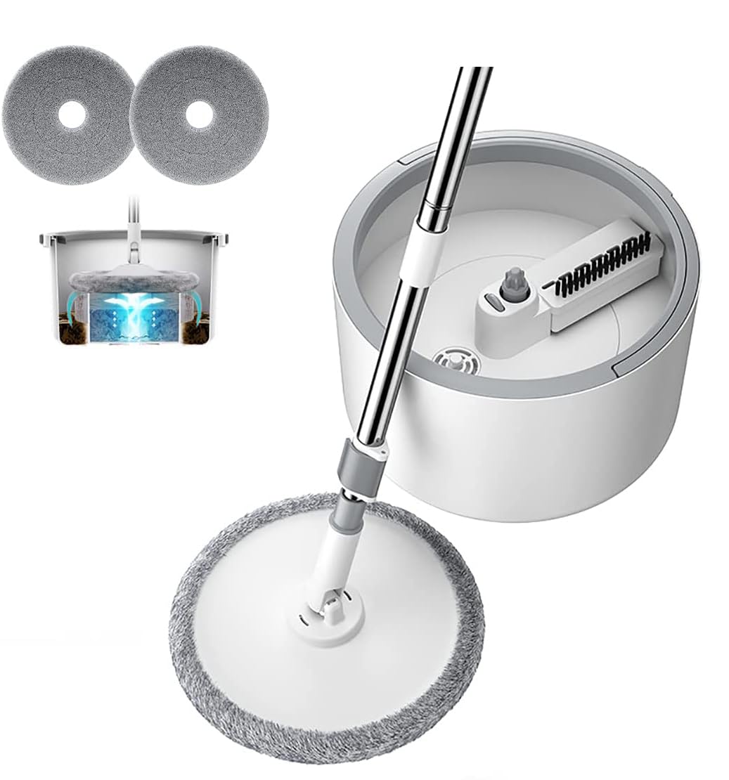 Arabest spin mop and bucket set 360 flat mop with with self separation dirty and clean water system 2pcs microfiber pad extended handle for all types of floor cleaning