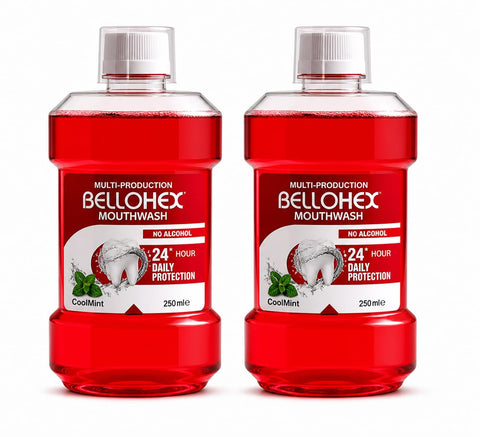 Bellohex Strawberry Mouthwash (Pack of 2 x 250ml) – Alcohol-Free, 500ml Total – 24H Protection & Anti-Bacterial Oral Care with Natural Extracts for Fresh Breath & Gum Health
