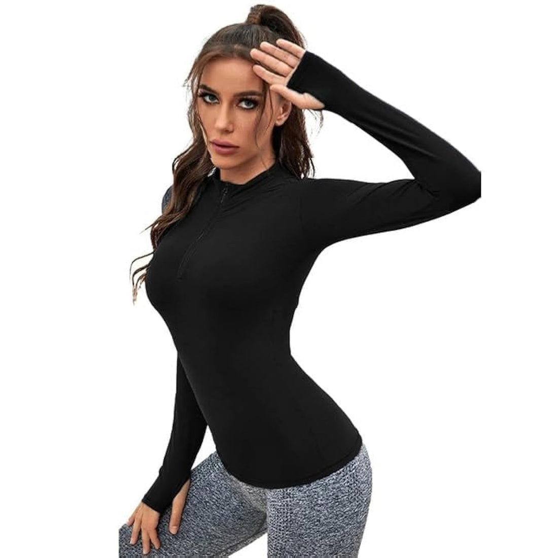 Sport Top - long sleeve t-shirt Half Zipper Thumb Hole Sports T-shirts for women