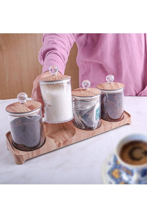 Spice Jar Set of 4 Acrylic Glass Canisters with Bamboo Lids, Spoons and Base Perfect for Kitchen, Coffee Corner and Home to Serve Sugar, Spices, Salt, Coffee H