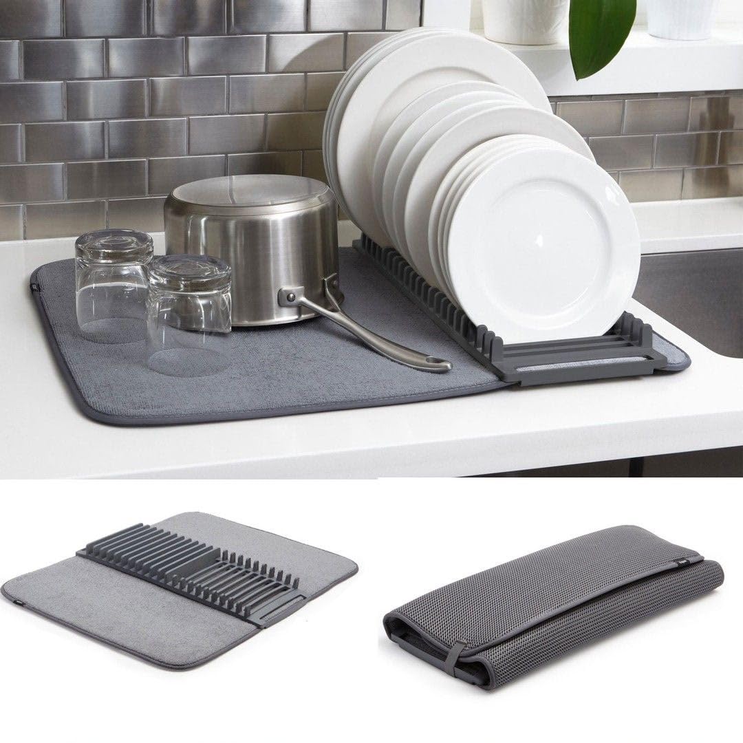 Dish Drainer & Microfiber Drying Mat Microfiber Dish Drying Mat with Built-in Removable Dish Holder Dish Drainer Mat for Kitchen Cup Drainer Foldable Space Saving