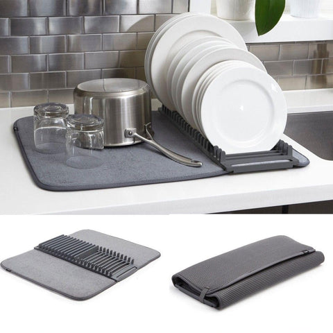 Dish Drainer & Microfiber Drying Mat Microfiber Dish Drying Mat with Built-in Removable Dish Holder Dish Drainer Mat for Kitchen Cup Drainer Foldable Space Saving