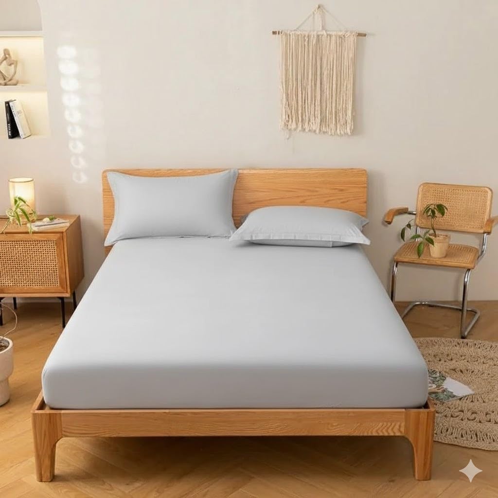 Khoyot Hotel-style plain cotton fitted sheet set - 4 pieces (1 sheet - 1 pillow - 2 pillowcases) - Size (180cmx200cmx30cm) - Light Gray