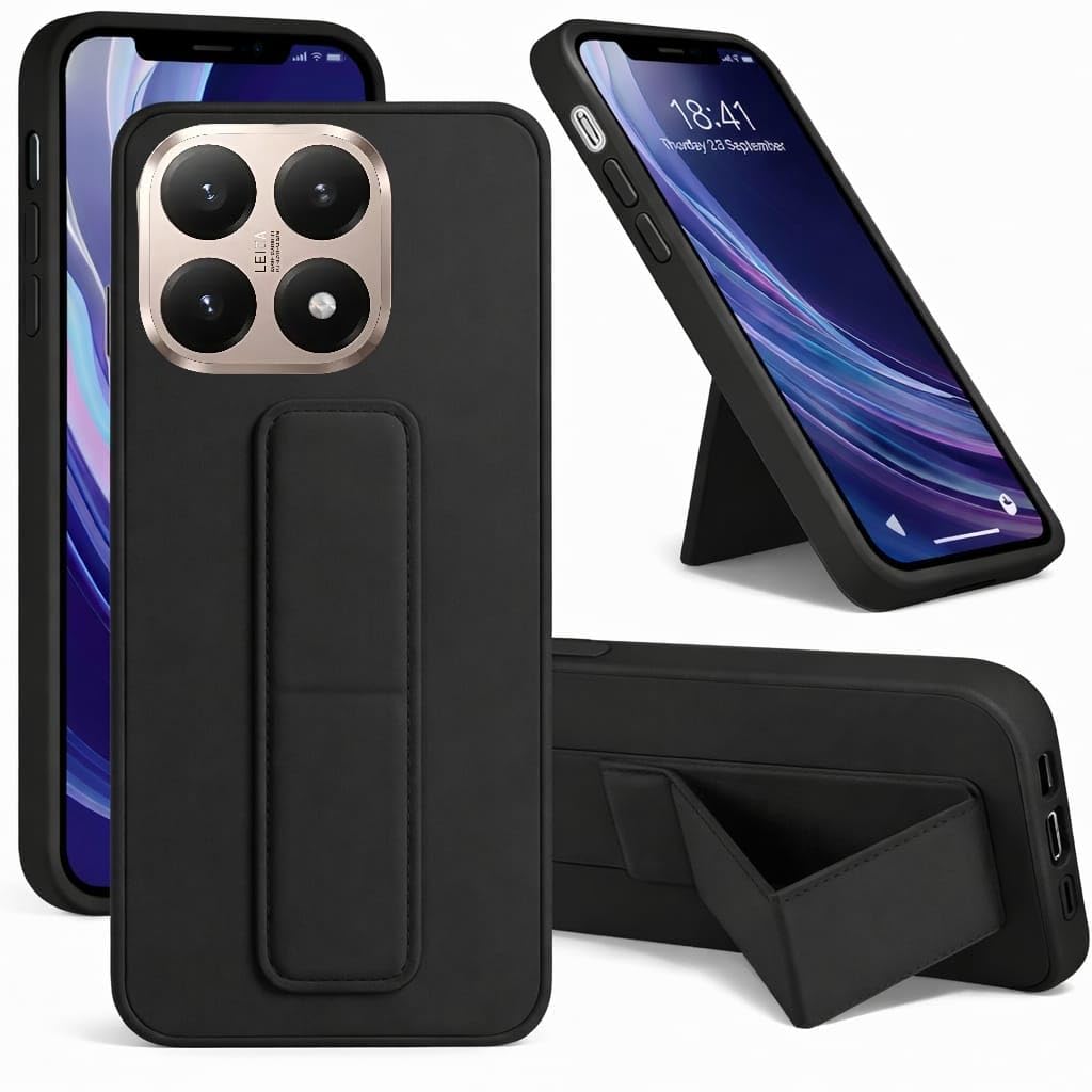 Back Cover Stand Case Magnetic Car Holder Soft Silicone & Vertical Kickstand Cover Wrist Strap Full protection Anti Fingerprint Case for Xiaomi 15T / Mi 15T (Black)