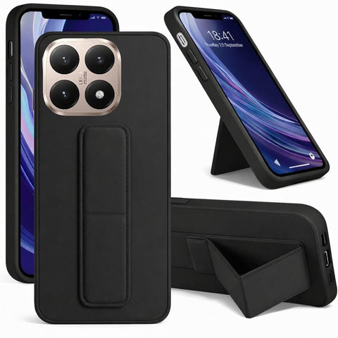 Back Cover Stand Case Magnetic Car Holder Soft Silicone & Vertical Kickstand Cover Wrist Strap Full protection Anti Fingerprint Case for Xiaomi 15T / Mi 15T (Black)