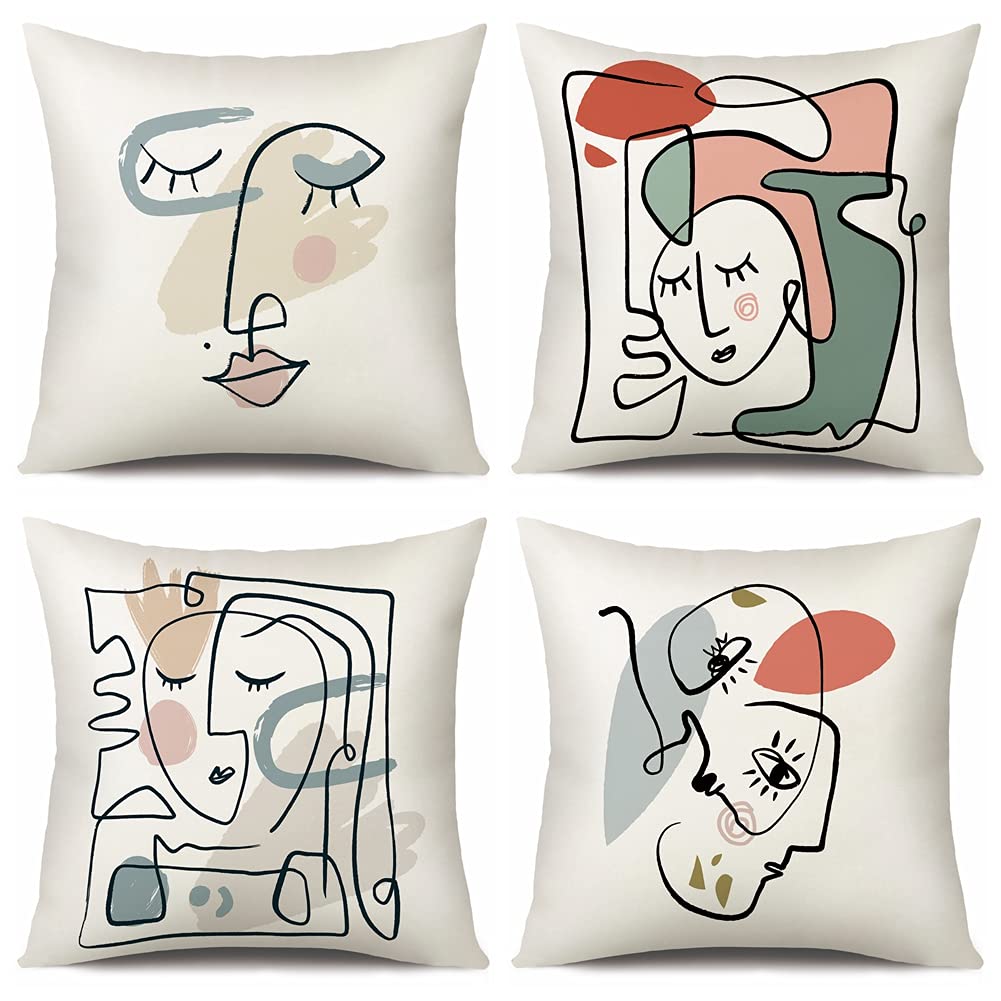 OTOSTAR 4 Pack Cotton Linen Square Throw Pillow Covers Home Decor Cushion Cases Pillow Cases for Sofa Bedroom Car (Abstract Face, 18x18)