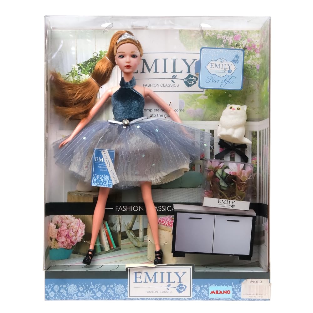 Emily Fashion Doll with Blue Dress & Cat Pet Figure - QJ102