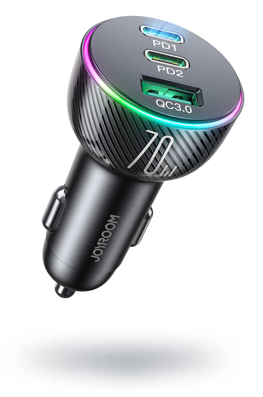 Joyroom JR‑CL26 70W 3‑Port Fast Car Charger – 2x USB‑C PD & USB‑A Ports, PD/QC/PPS Fast Charging, LED Ambient Light, Universal Compatibility – Black | 12-Month Warranty