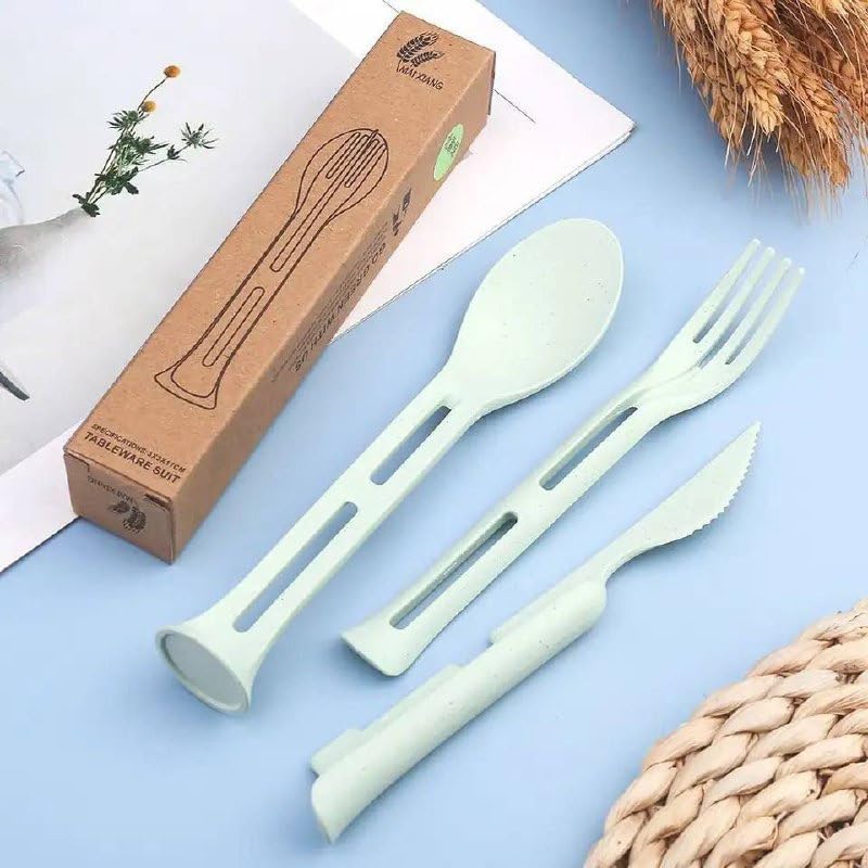 Ankh-Home-Supplies Wheat Straw Cutlery Set, 3-Piece Tableware Suit, Spoon Fork and Knife, 22cm, Portable Travel Utensils,1 set, Random color