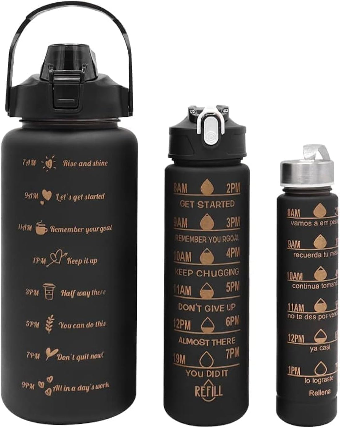3PCS Water Bottle Set – 2L Jumbo Bottle with Handle, 1L Sports Bottle with Carry Strap, 500ml Bottle with Stainless Drinking Bottles with 2 Straws (3, (random), big.smail.Medium)
