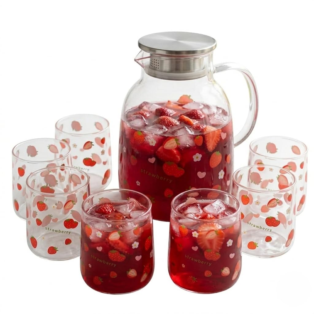 Generic Glass Beverage Jug Set, 7 pieces, includes a 1600 ml jug and 6 cups with 200 ml capacity each, stainless steel lid with built-in filter, fruit design, ideal for cold drinks. (Strawberry)