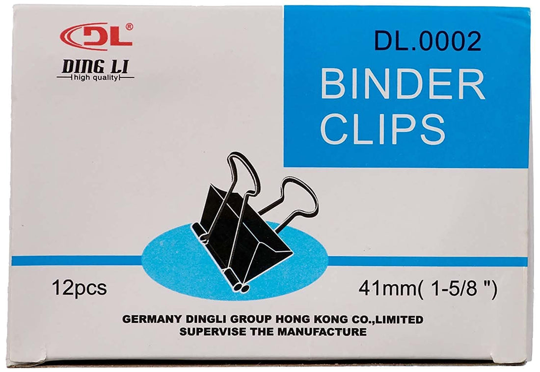 Ding Li DL.0002 Metal Binder Clips, 41 mm - 12 Pieces - Black and Silver