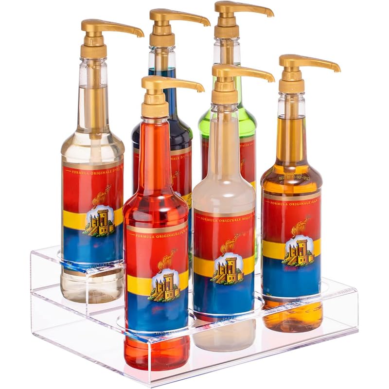 BEST MEDIA Acrylic Bottle Holder, Display Rack for 6 Bottles, Clear Stand for Kitchen Countertop Pantry Fridge Storage, Organizer for Soda Syrups Beer, Transparent - 2 Tier
