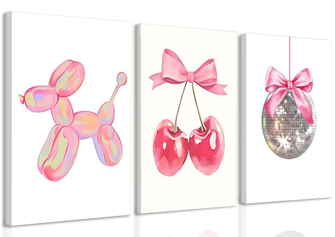 Framed Pink Preppy Canvas Wall Art Set of 3, Trendy Cute Balloon Dog Cherry Disco Ball Posters Wall Decor, Preppy Dorm Decor Aesthetic Painting Prints for Living Room Girls Bedroom 12x16 In Framed