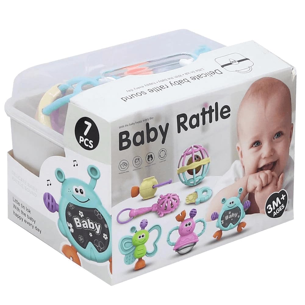 Baby Rattles & Toys, 7 Pieces, Storage Box, Suitable for Babies from 3 Months, Butterflies and Smiling Creatures, Safe Material for Kids by Fantastic-Kids-Toys (Grey)