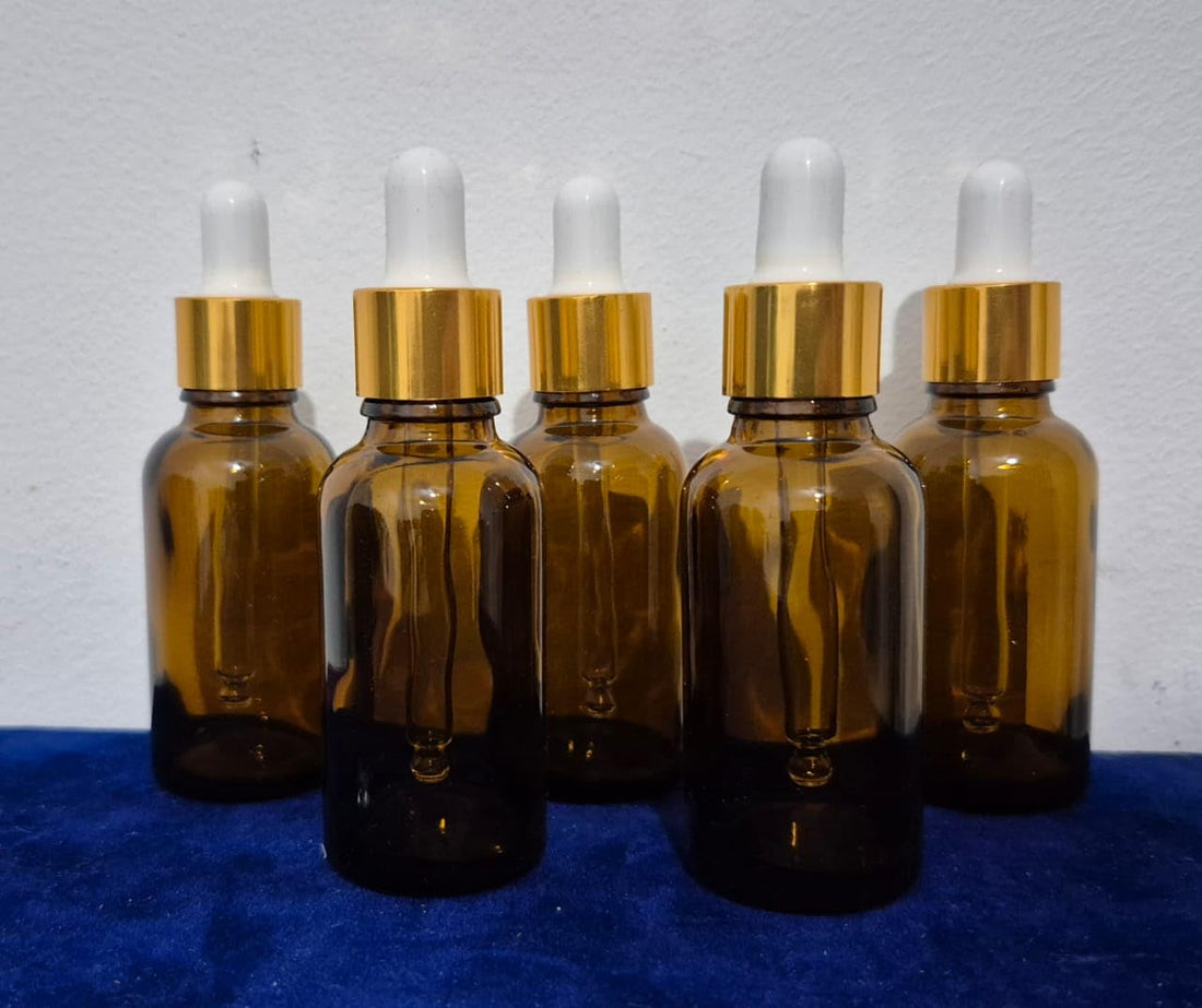 Set of 5 Droppers (5 Droppers) Glass 30ml Dark Amber with Gold Lid