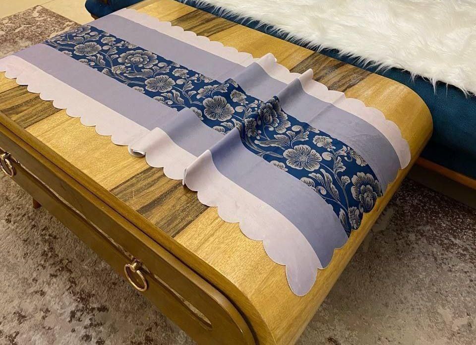 Velvet Table Runner, Blue Floral Pattern with Scalloped Edges, 140 x 47 cm .reh