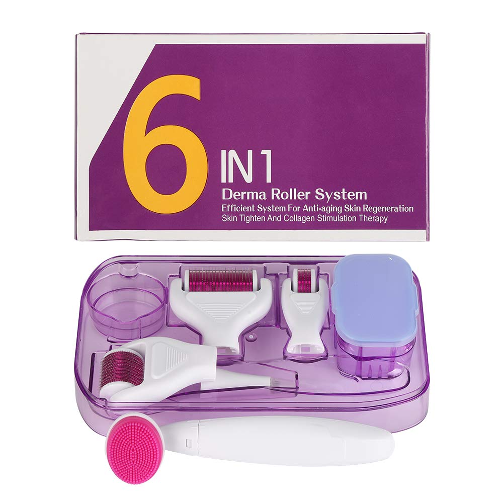 Derma Roller,Microneedle Dermaroller for Face,6-IN-1 Kit Titanium Roller 0.25/0.5/1/1.5mm Micro Needles Silicone Brush and Disinfecting Tray for Skin Regeneration Anti Ageing, Scar Treatment