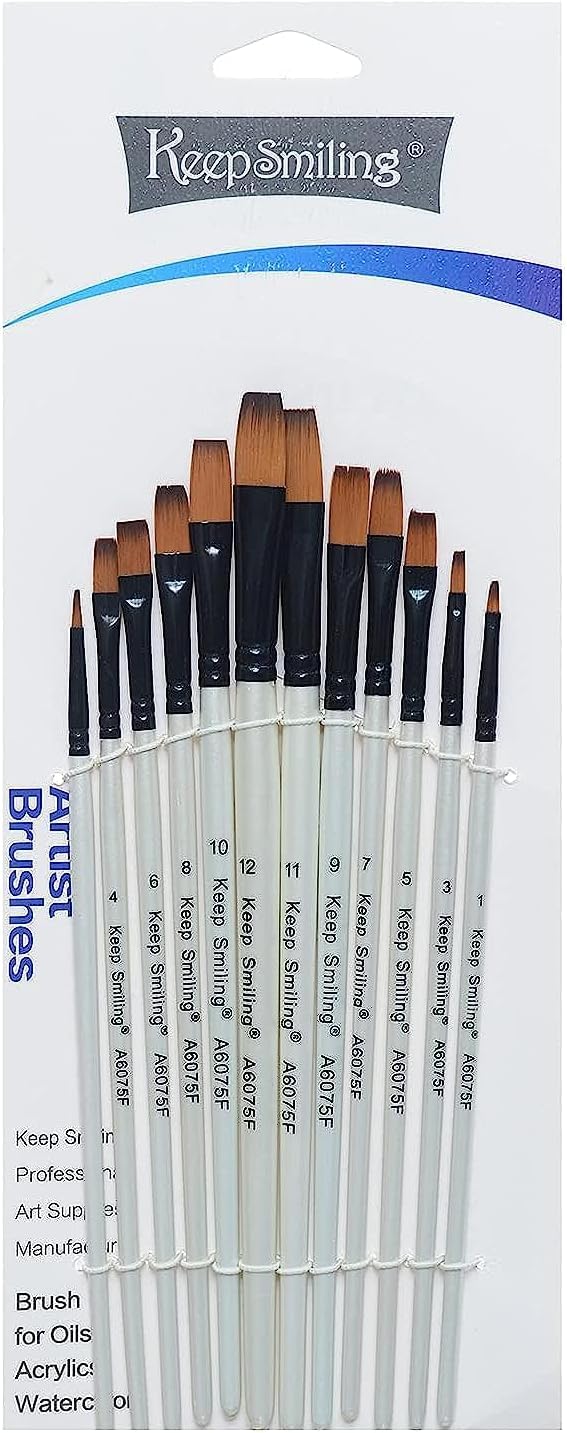 Keep Smiling Flat Brushes with Different Sizes Set 12-Pieces, Black/White