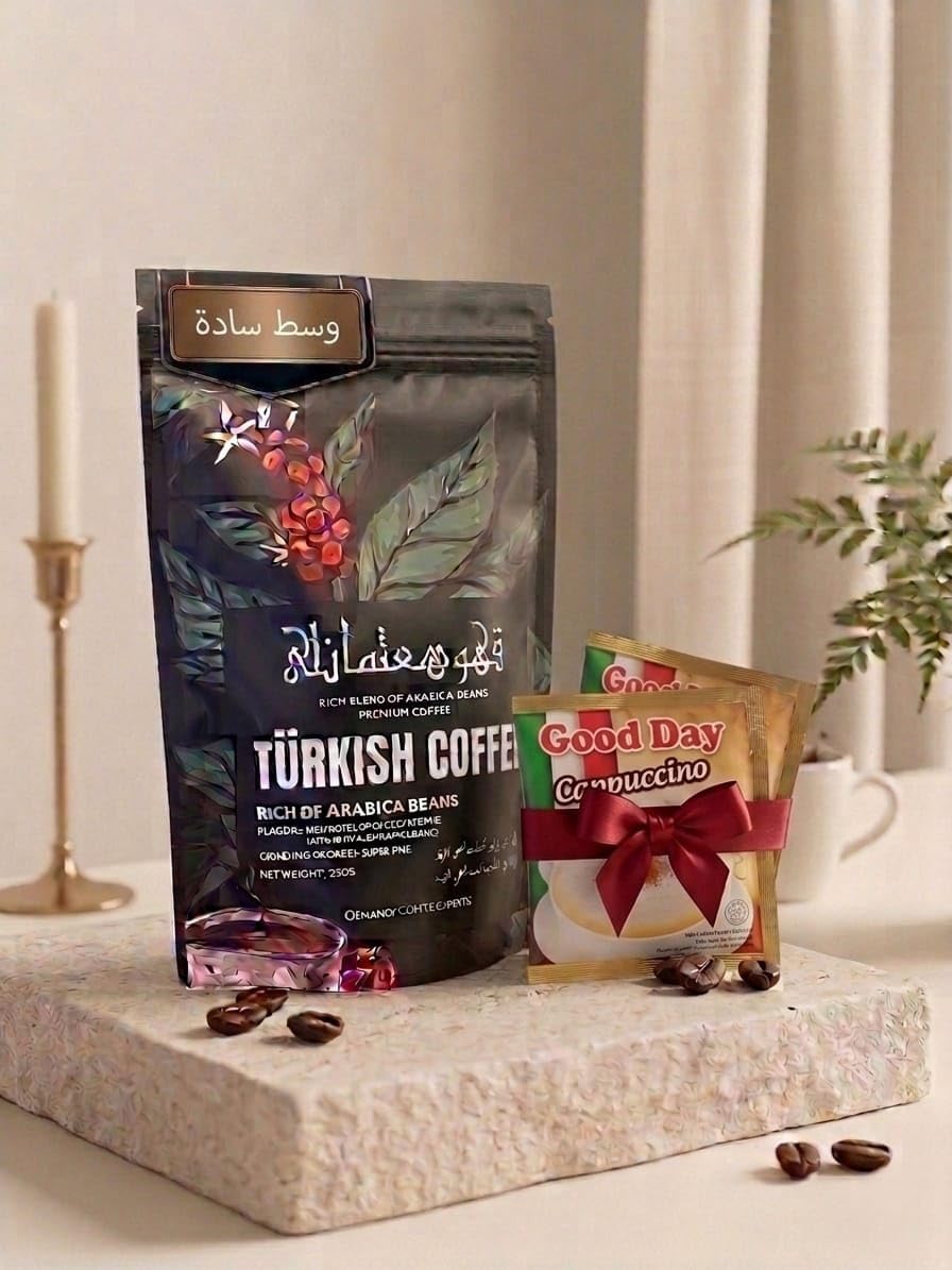 Plain Turkish Coffee, Rich Blend of Arabica Beans, Fine Grinding, 250 g, with 2 Good Day Cappuccino Envelopes (Intense Roasting)