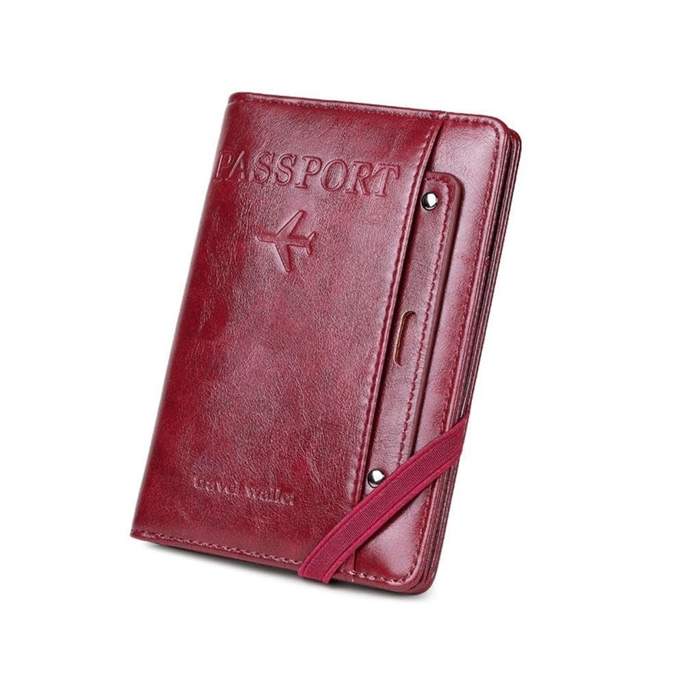 Leather Passport Holder Travel Wallet, Red, with Elastic Band, Card Slots-Lo0 (Burgundy)