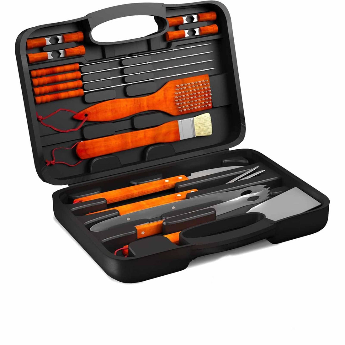 Tazweeq Home-Complete Wood BBQ Grill Tool Set- 18 Pc Stainless Steel Barbecue Accessories with Wooden Handles, Stainless Steel BBQ Accessories with Organizer (Black)