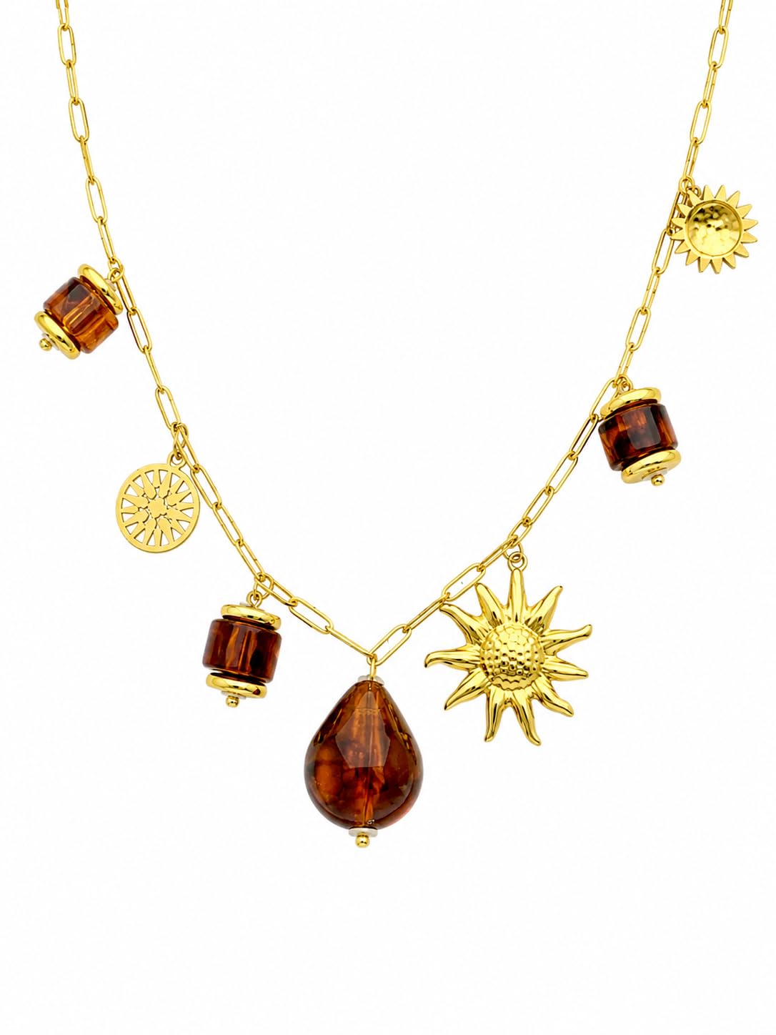 A gold-plated stainless steel chain with an elegant sun design, adorned with nature-inspired charms, gives you a touch of luxury and striking appeal.