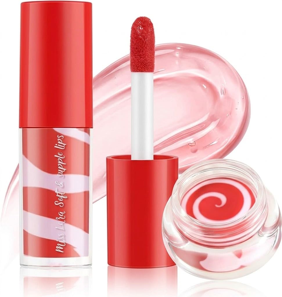 Twisted Mini Lip Gloss+Jelly Lip Balm Set, Plumping Moisturizing Smooth Soft Glossy Finish Flavored Lip Care Kit Makeup for Women Girls, Hydrating Long Lasting RED Tinted Lip Glaze-04