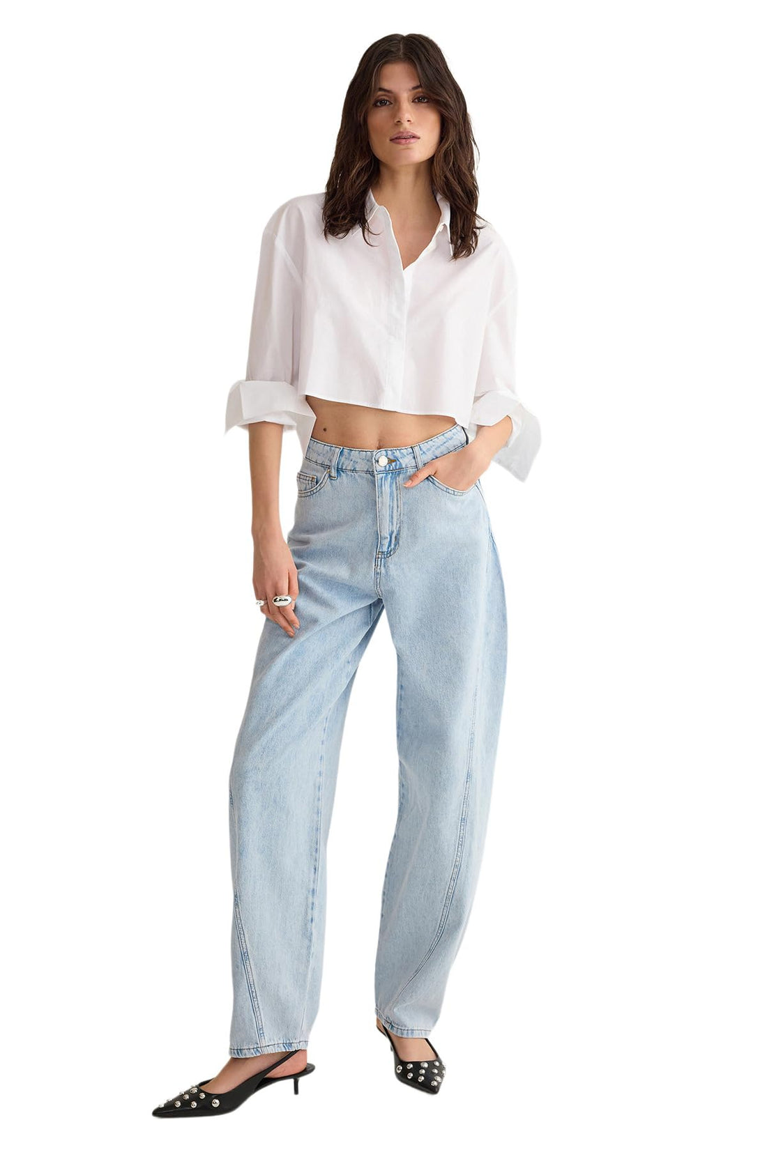 Trendyol Woman Light Blue Stitch Detailed High Waist Barrel Baggy Jeans TWOSS25JE00019 Jeans
