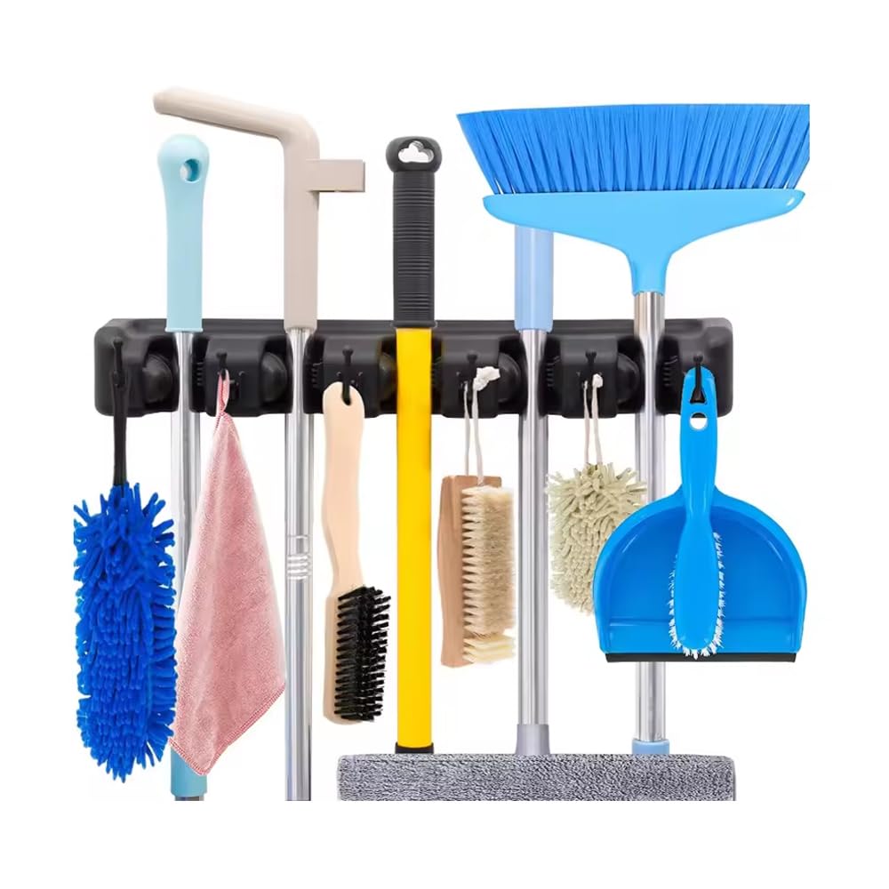 Mop and Broom Holder Wall Mount Heavy Duty Broom Holder Wall Mounted Broom Organizer Home Garden Garage Storage Rack 5 Position (black)