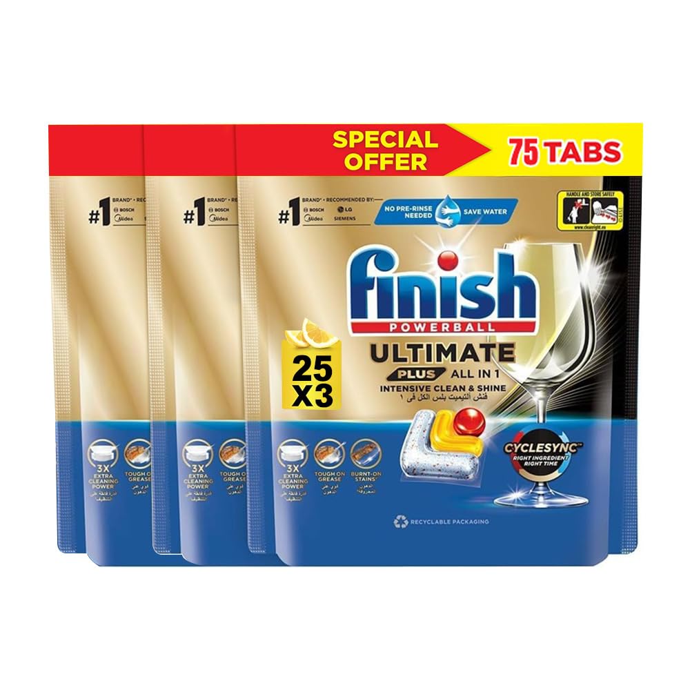 Finish Powerball Ultimate Plus Dishwasher Detergent - Lemon Fragrance Scent| 75 Tabs