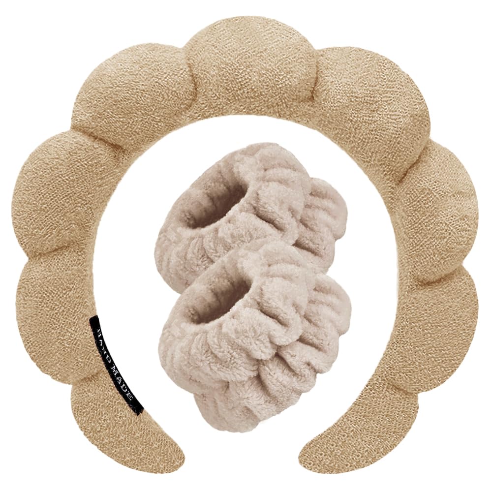 Spa Headbands for Washing Face Wristband Set Sponge Makeup Skincare Headband Wrist Towels Bubble Soft Terry Towel Cloth Hairband for Women Puffy Headwear Non Slip Thick Thin Hair Headwear (Coffee)