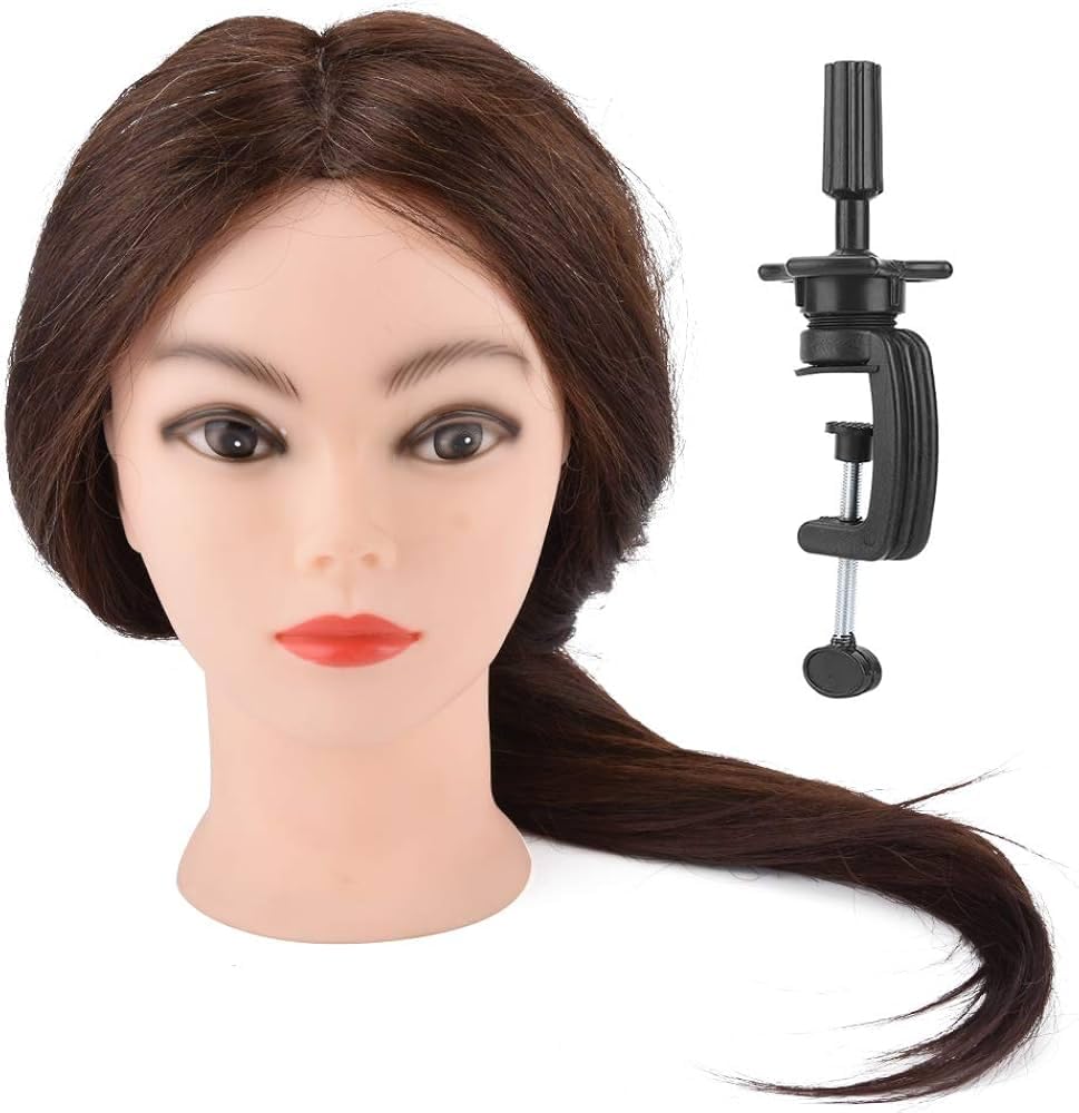 Hair Training Head with Adjustable Stand Long Dark Brown Hair Styling Educational Head