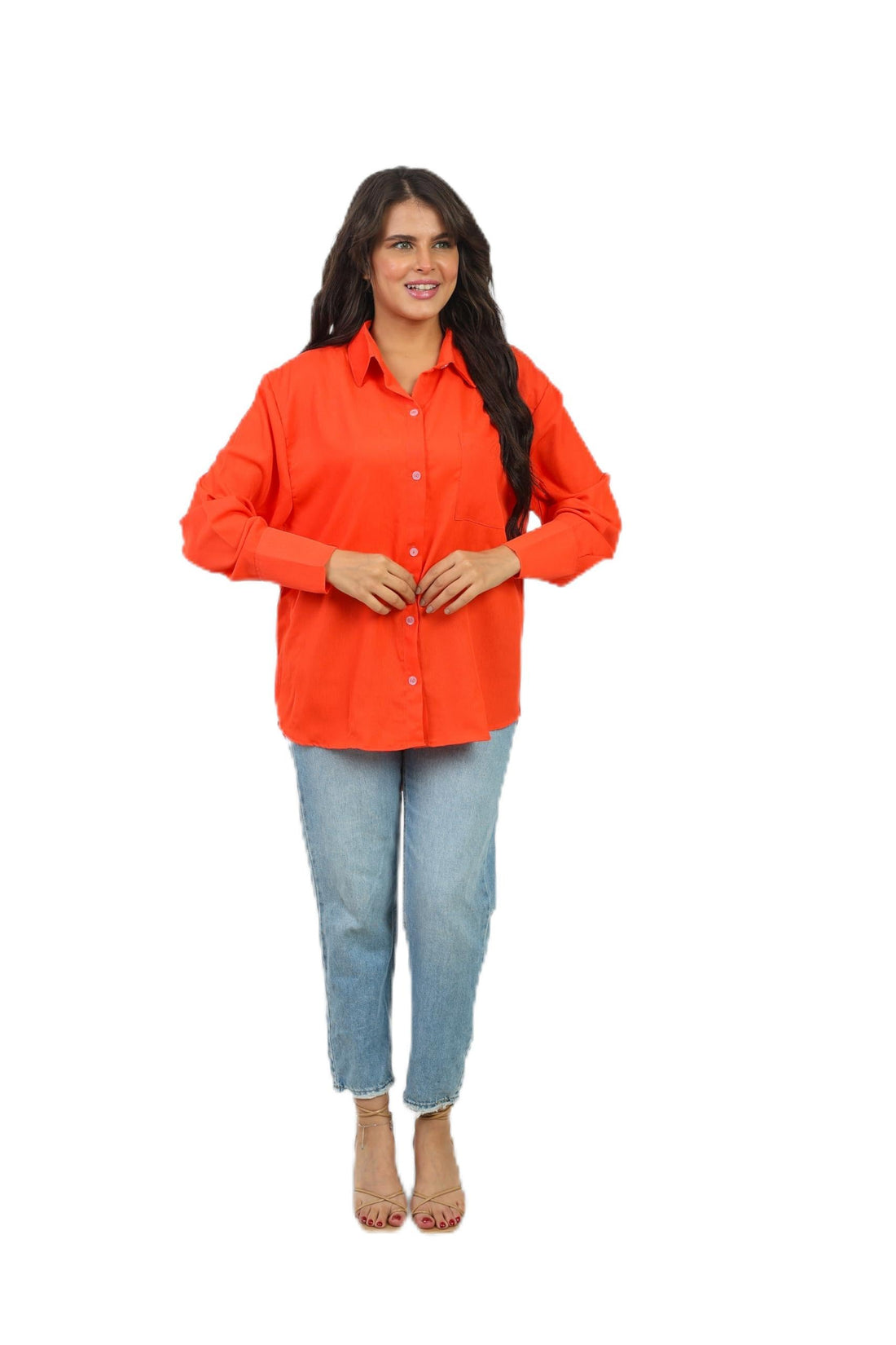 Women Button Down Shirt – Loose Fit Crepe Blouse with High Low Hem & Front Pocket