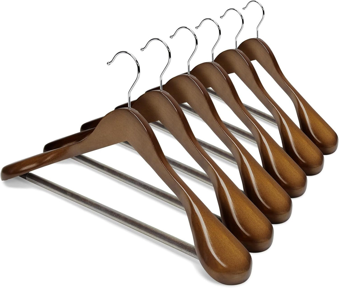 Wide Wood Hangers Set (6 Pack) Wide Shoulder for Heavy Clothes Support - Solid Wood Suit Hangers with Non-Slip Trouser Bar and 360 Degree Swivel Hook - Premium Design for Jackets, Dresses, Suits.
