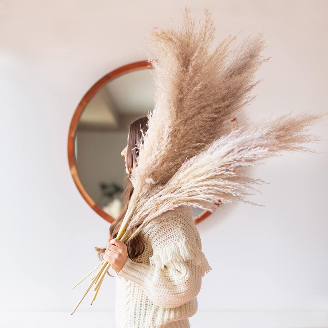 TLB Pampas Grass Decor - Tall Extra Fluffy - Faux Artificial Dried - Home Decor - Wedding - Flower Arrangement - Vase Feather - Beige White Natural - 45-120cm - XL/Large (Beige)
