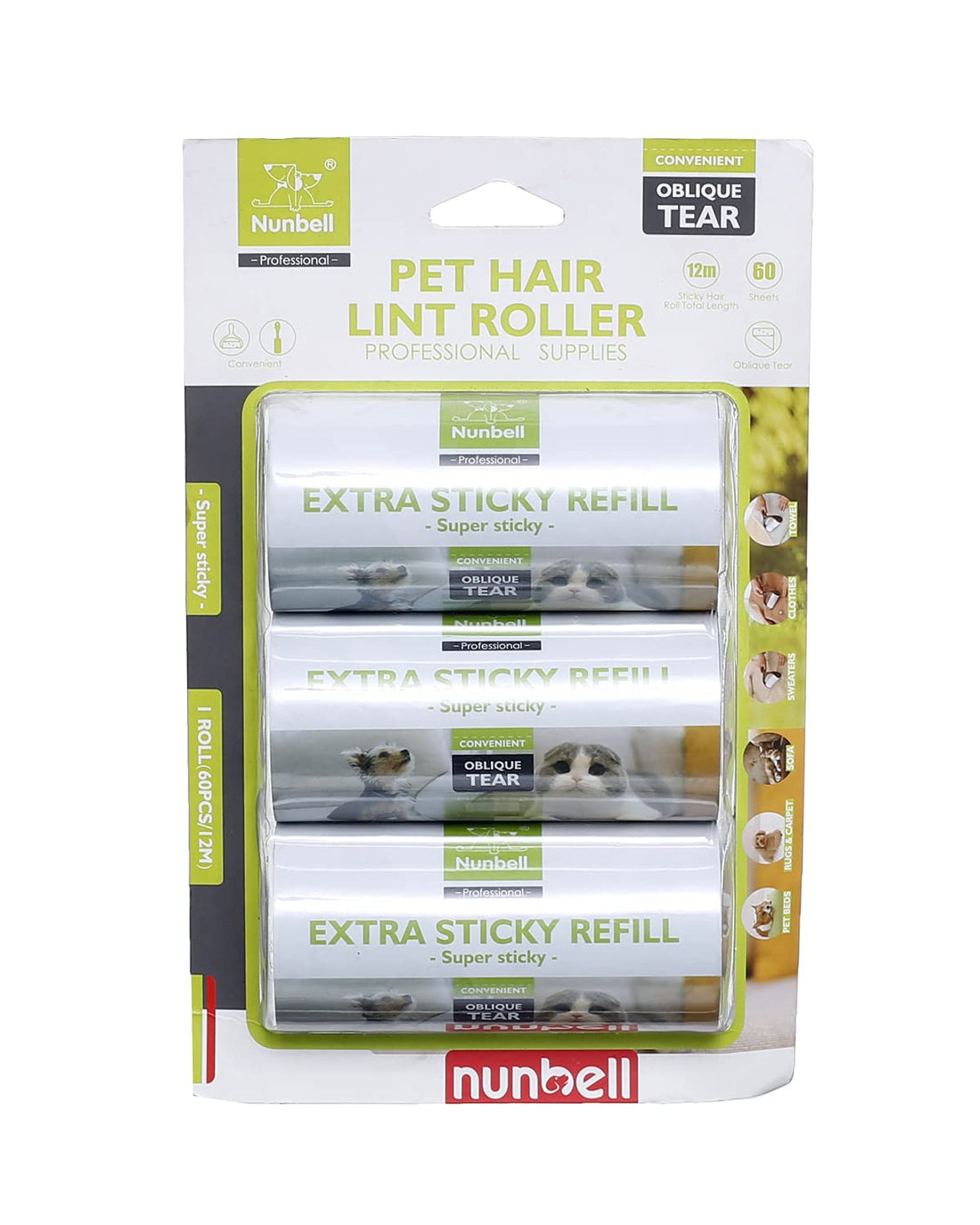 Nunbell 3 Peices Pet Hair Lint Roller For Cats & Dogs