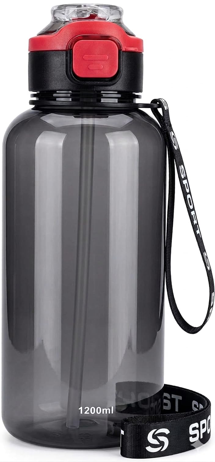 Water Bottle 1200ml With Straw, Plastic Material, Leakproof Design For Work Sports School And Home Use. (Black)