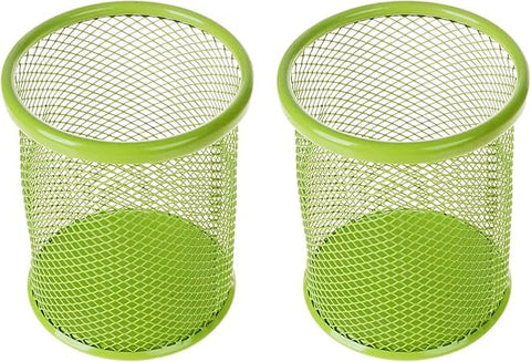 Metal Desktop Storage Organizer Round Mesh Pen Ruler Eyebrow Pencil Makeup Brush Holder Case for Home Office Classroom, 2 Pcs, Green