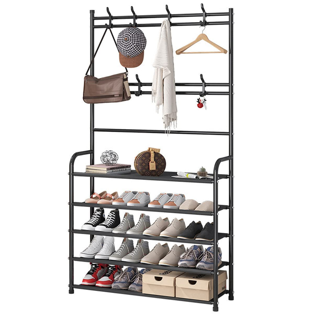 TECHZONE 5-Tier Entryway Shoe Rack with Coat & Accessory Hooks – Freestanding Organizer Stand for Hallway, Bedroom & Closet Storage (Black 60 CM)