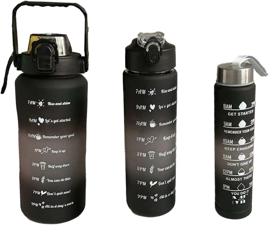 Transparent Sports Water Bottle Trio 2 Liter 1 Liter 0.5 Liter with Stainless Cap, ShaliMoo Straw, and Carry Handle for Gym, Office, and Outdoor Use