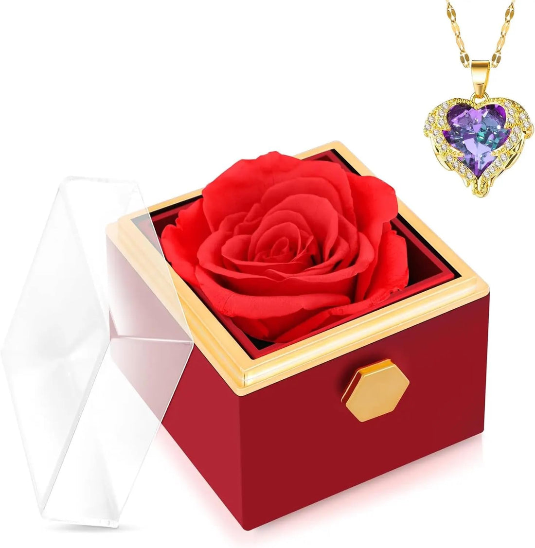 Rose Ring Box，Proposal ring box rotates 360 degrees. Square Velvet Jewelry Box for Proposal Ring, Ceremony, Wedding or Special Occasions (Red)
