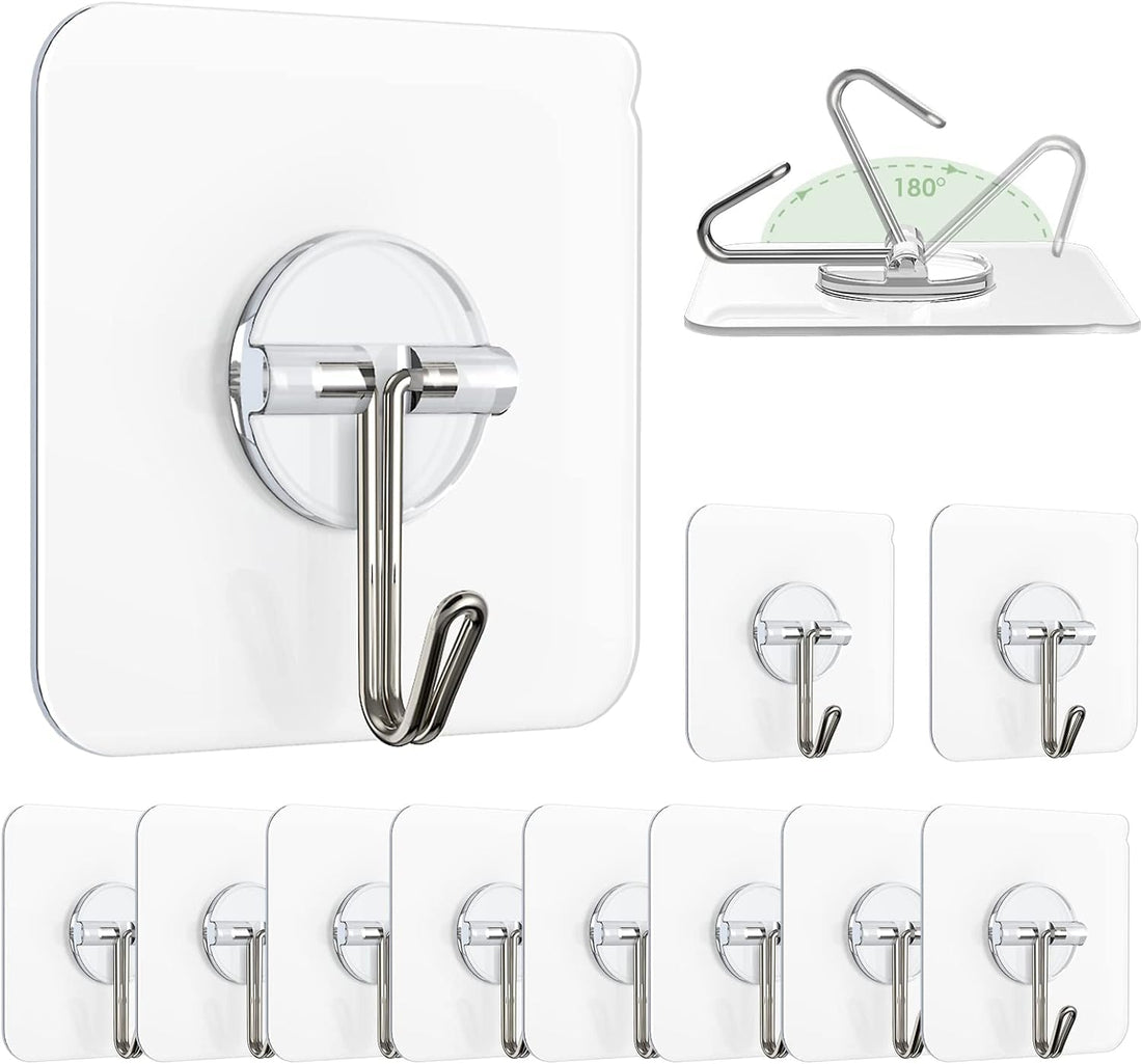 Wonka Zulaxy Wall Hanging Hooks for Wall Without Drilling, 10 Pack Self Adhesive Hooks for Wall Heavy Duty Strong Nail Free, Kitchen Accessories Items (Hanging Hook, Transparent) Stainless Steel