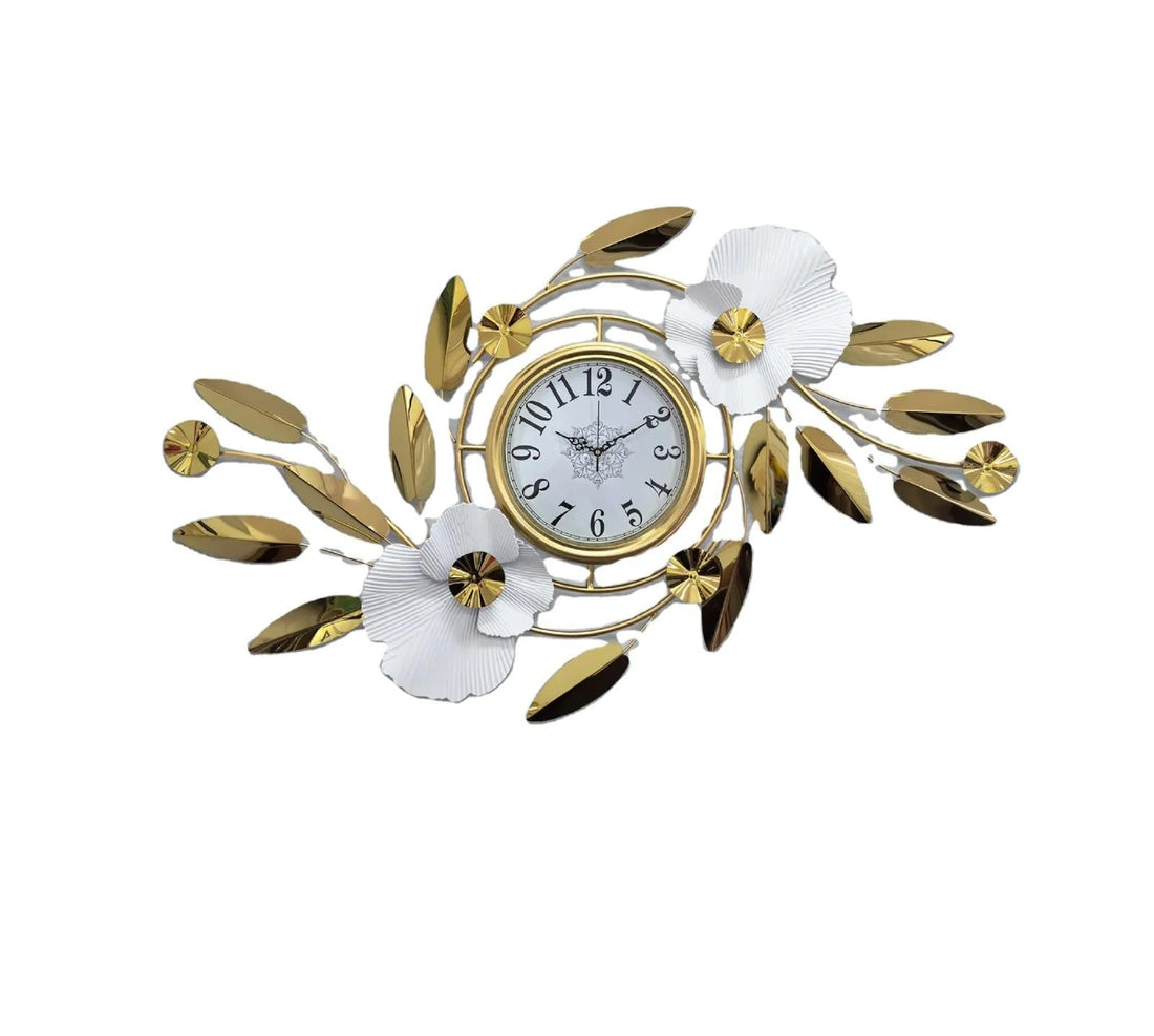 WENGTY Luxury Metal Analog Wall Clock-Floral Design for Home Decor & Wall Decoration Items for Living Dining Bedroom Office Drawing Room Hall Entryway Cafe & Hotels