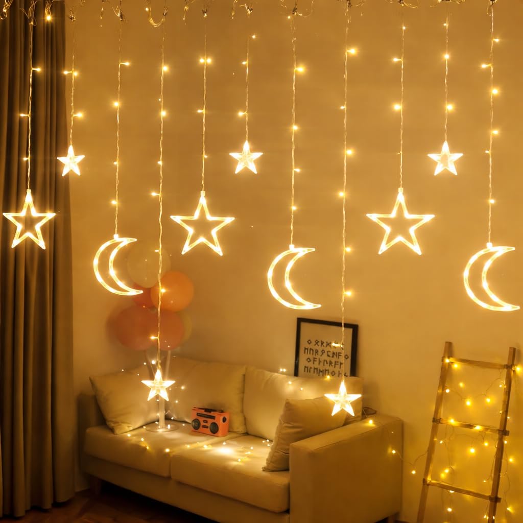 126 LED Star String Light, 3m Battery Powered Twinkle Star Moon Fairy Lights, Curtain String Lights for Ramadan Window Wedding Garden Christmas Decoration, 2 Lighting Modes