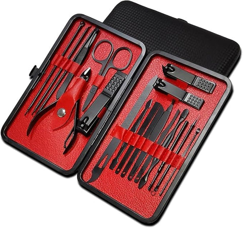 Manicure Set Stainless Steel Nail Clippers Kit Pedicure Grooming Tools For Men And Women Professional Care For Nails Eyebrows Ears With Portable Travel Case (Black & Red)