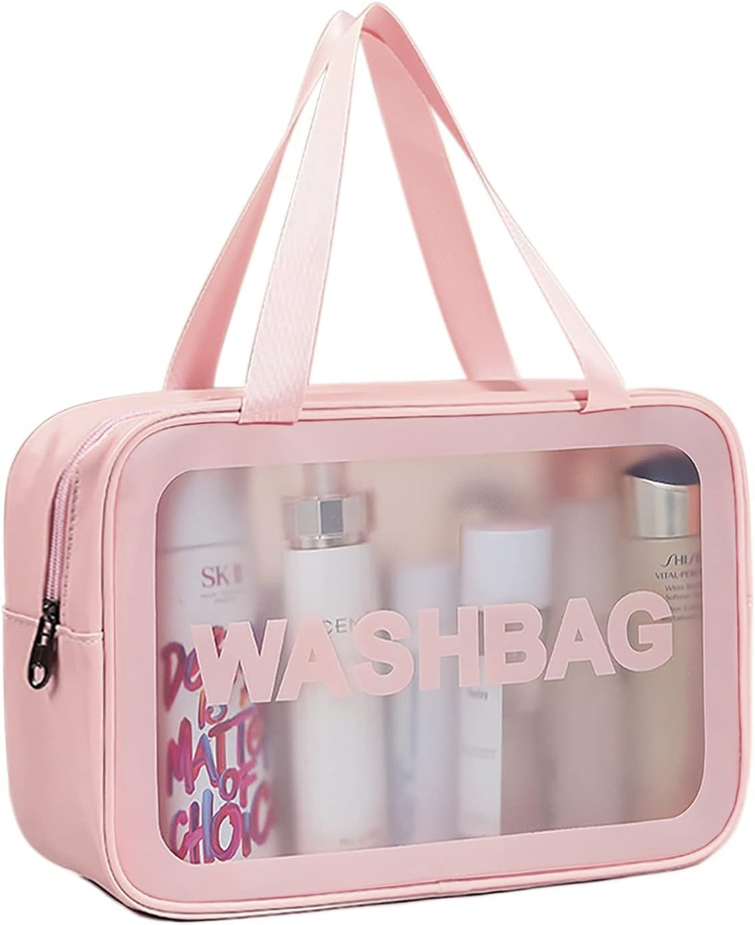 Circle M Travel Toiletry Bag, Matte Translucent Design with Handy Handle, Makeup Organizer for Toiletries Accessories, Large Size, Pink